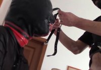 Kneeling, Gagged, and Hooded: Huge Cumshot on Her Mouth