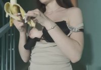 Jerking pussy with eating banana on the stair landing