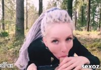 Leaked cum on the face of tattooed bitch in the forest