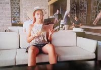 Exhibitionist teen shows pussy in lobby