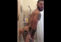 Tatted Hunk Plays with Dildo in Shower and Cums Hard