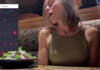 Girl cums in restaurant with toy Lush in vagina