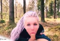 Blonde with elastic tits gives blowjob in the forest