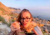 Russian minx took a dick in her mouth right on the beach!