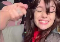 Brunette catches cumshots on her face